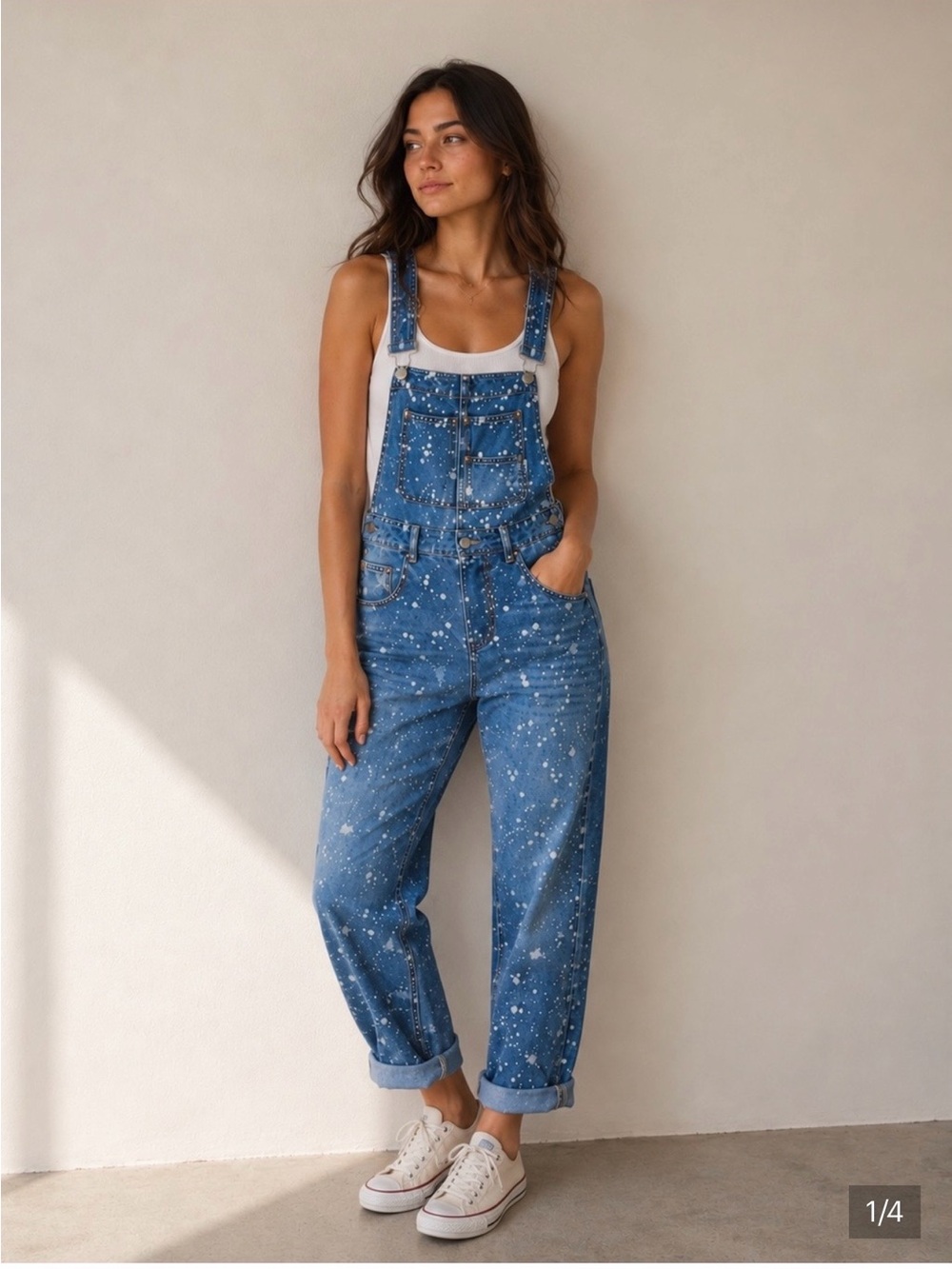 Free People Ziggy Denim Overalls – Blue with White Splatter